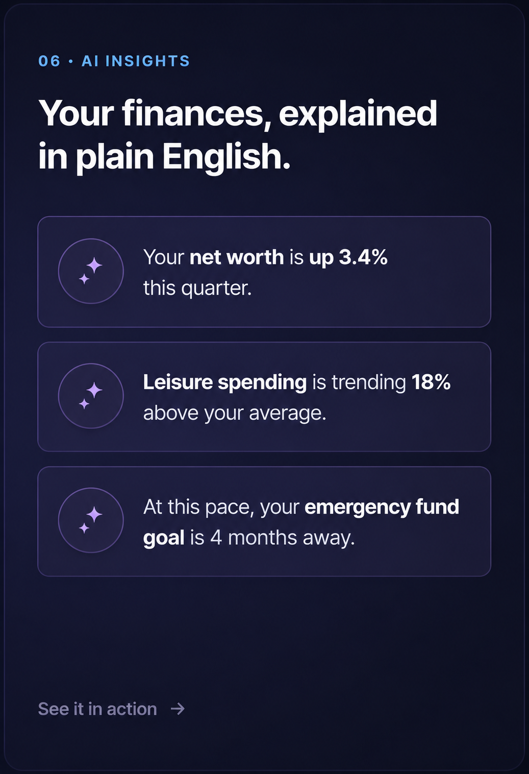 06 · AI Insights — Your finances, explained in plain English. See it in action.