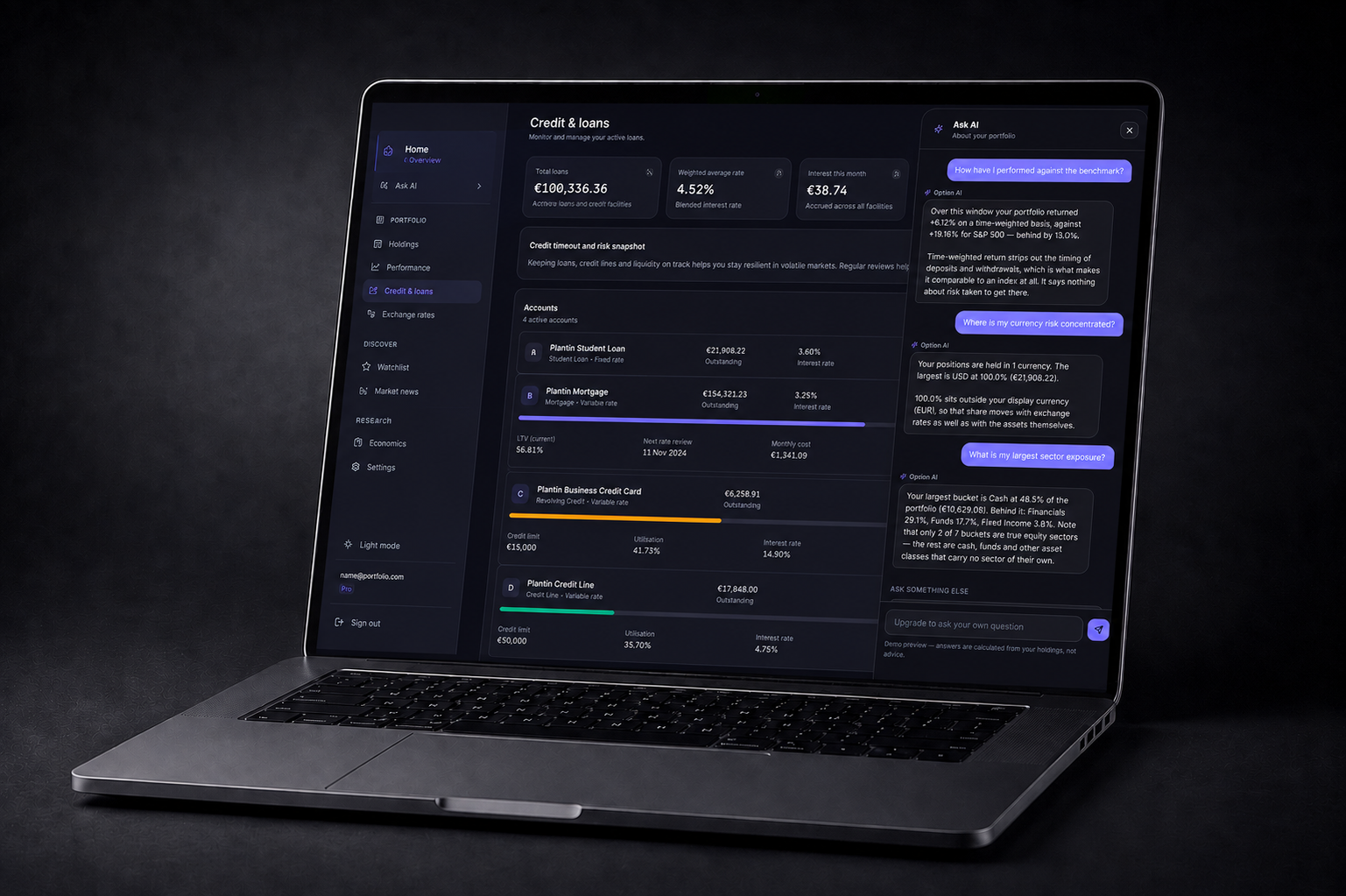 Opvion Ask AI panel shown on a laptop: natural-language questions about portfolio performance and risk.