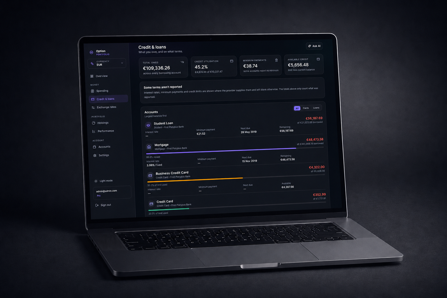Opvion credit and loans overview shown on a laptop: total owed, utilization, and account balances.