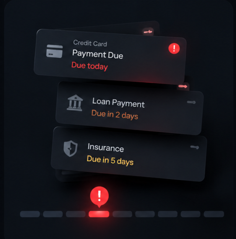 Avoidance: a stack of overdue payment notifications for a credit card, loan and insurance bill.