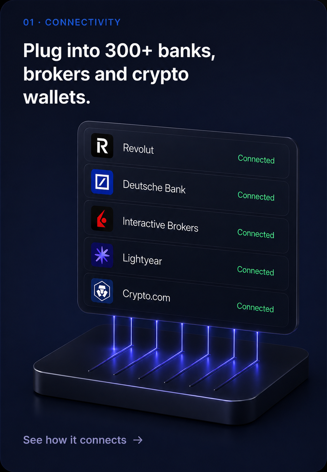 01 · Connectivity — Plug into 300+ banks, brokers and crypto wallets. See how it connects.