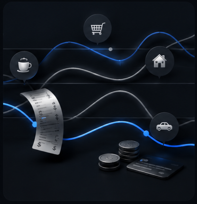 Financial overwhelm: spending categories connected by wavy lines to a receipt and stacked coins.