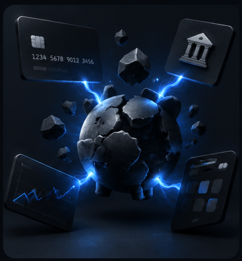 Fragmented access: a shattered globe surrounded by disconnected bank, card and app icons.